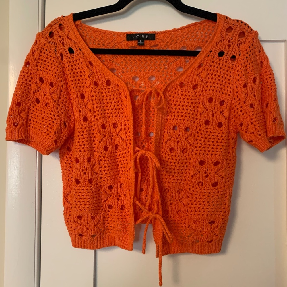 FORE Crochet Tie Front Crop Top In Orange
